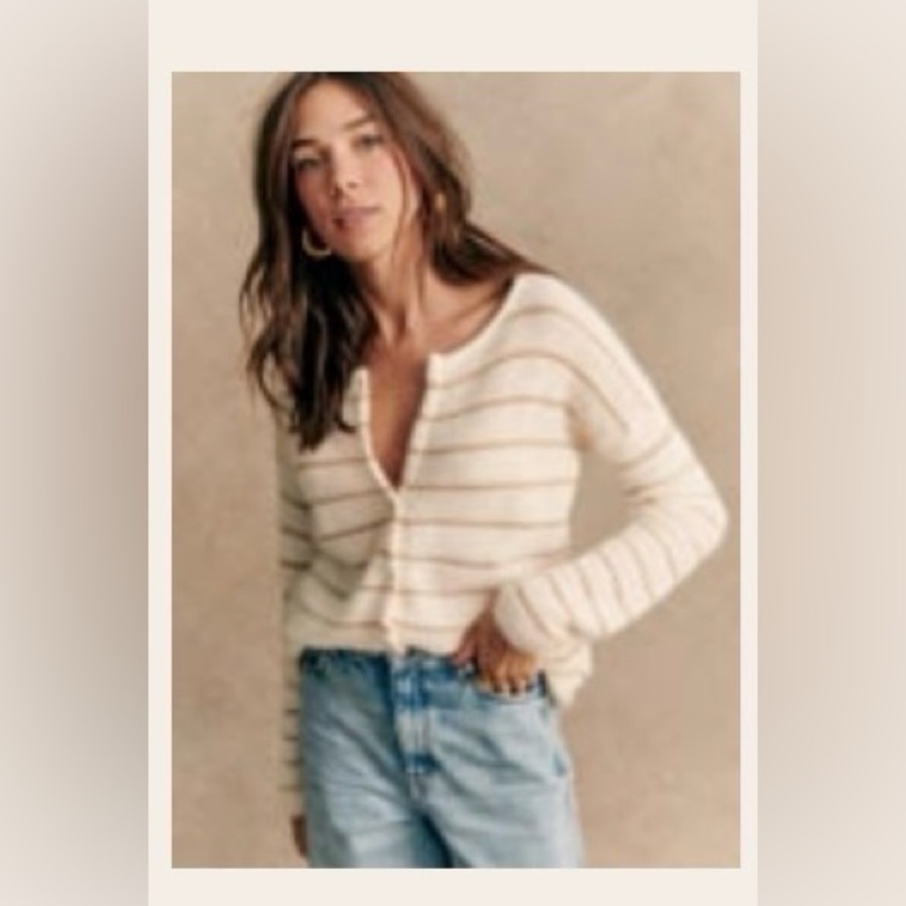 Sezane Cream and Gold Striped Button-Back Cardigan